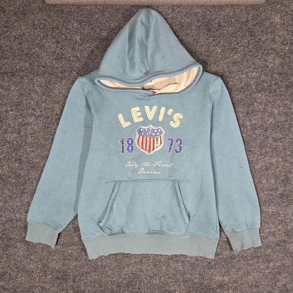 Vintage Levi's 1873 Logo Hoodie Youth Large Blue Pullover Sweatshirt Distressed